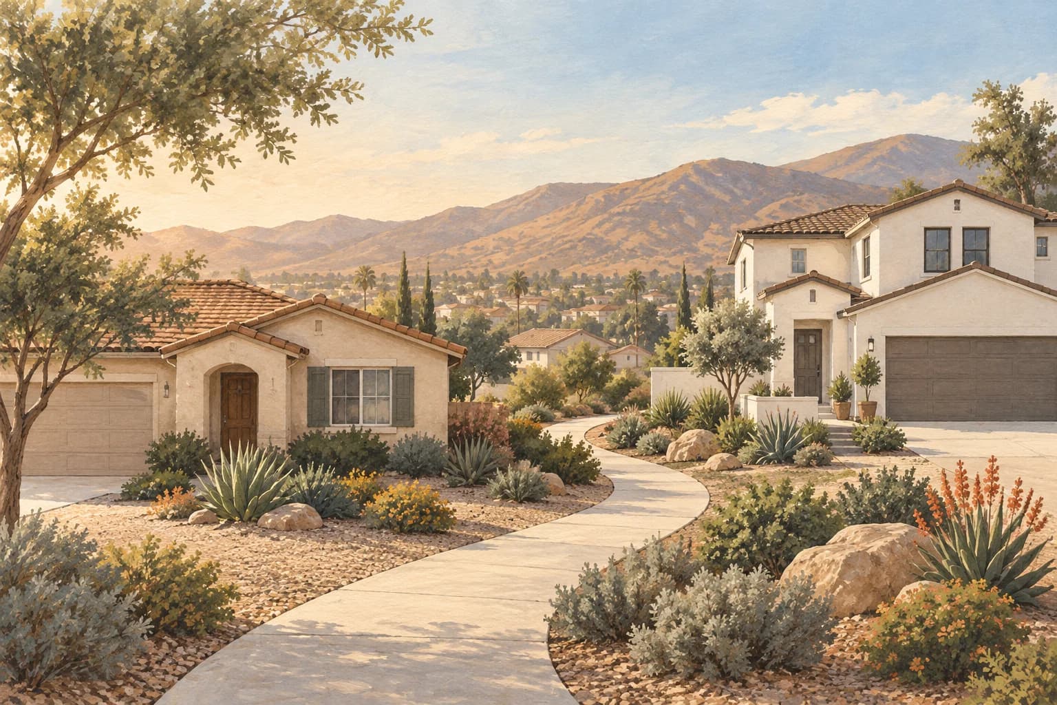 Editorial illustration of two Southern California homes connected by a winding path beneath dry hills.